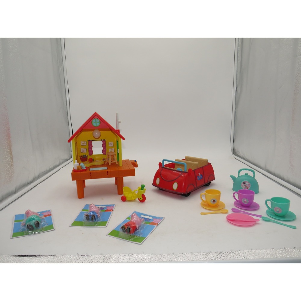 Peppa Pig Playset Lot Clubhouse Works Red Car Figures and Tea Set 3 New Peppa
